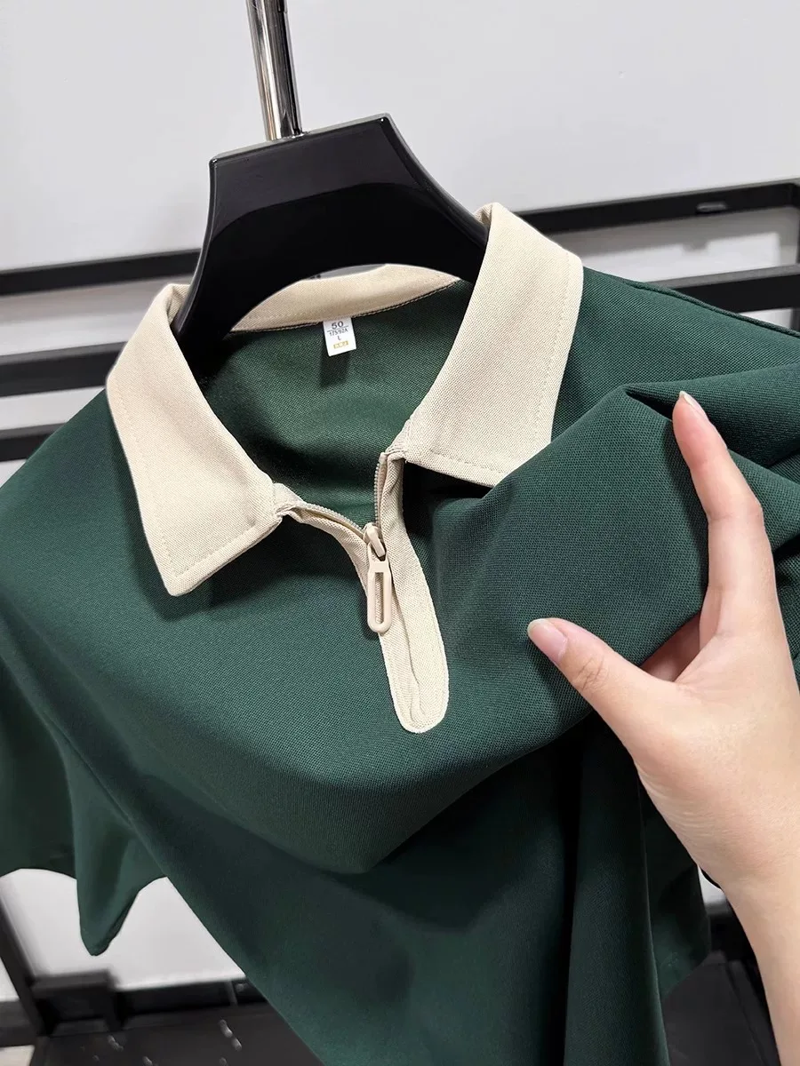 

Summer new short sleeve polo shirt men personalized half zipper fashion simple high-end Korean casual solid color lapel T-shirt