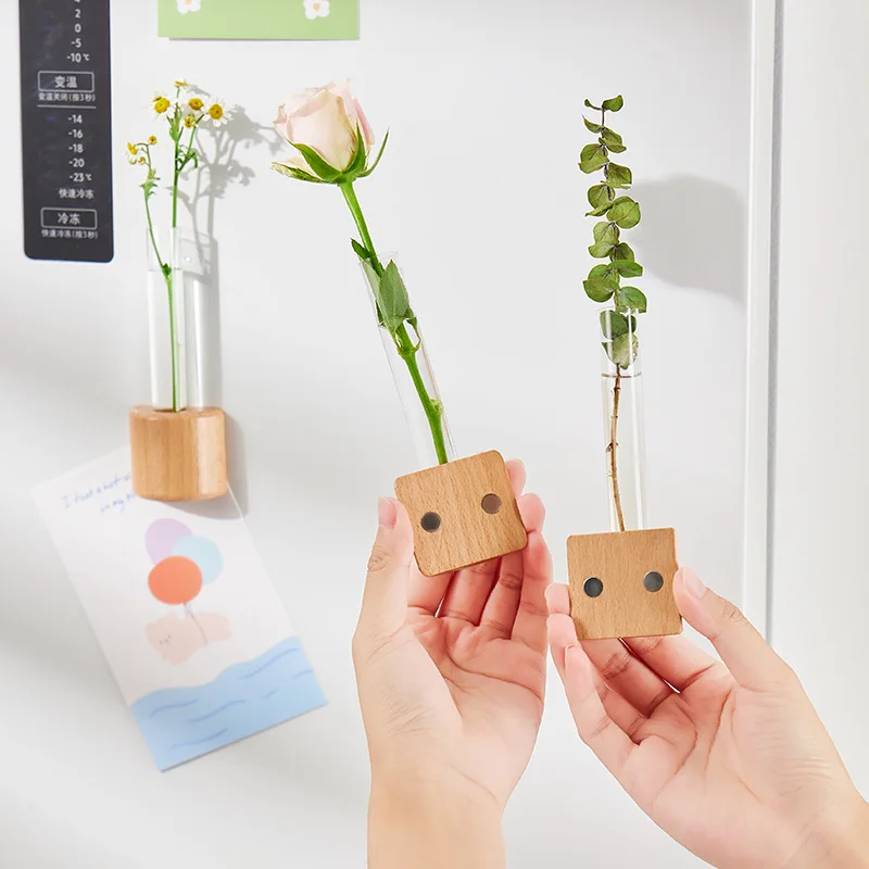 Mini Magnetic Refrigerator Glass Bottle Solid Wood Office Creative Decoration Bamboo Wood Vase Hydroponics Wall Vase Function