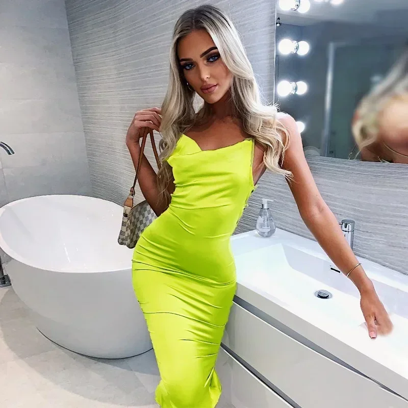 

Neon Satin Lace Up Summer Women Bodycon Long Midi Dress Sleeveless Backless Elegant Party Outfits Sexy Club Clothes Y2k