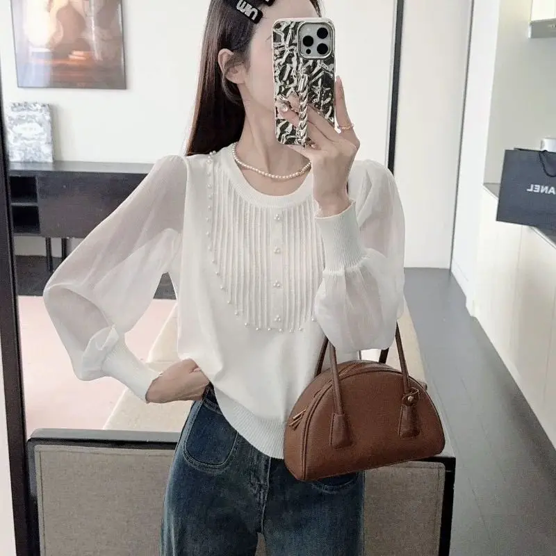 เสื้อสเวตเตอร์ผ้าชีฟองแต่งลูกปัด แขนยาว สำหรับผู้หญิง สไตล์ใหม่ล่าสุดสำหรับฤดูใบไม้ผลิและฤดูใบไม้ร่วง เสื้อทรงเข้ารูปสวยเก๋