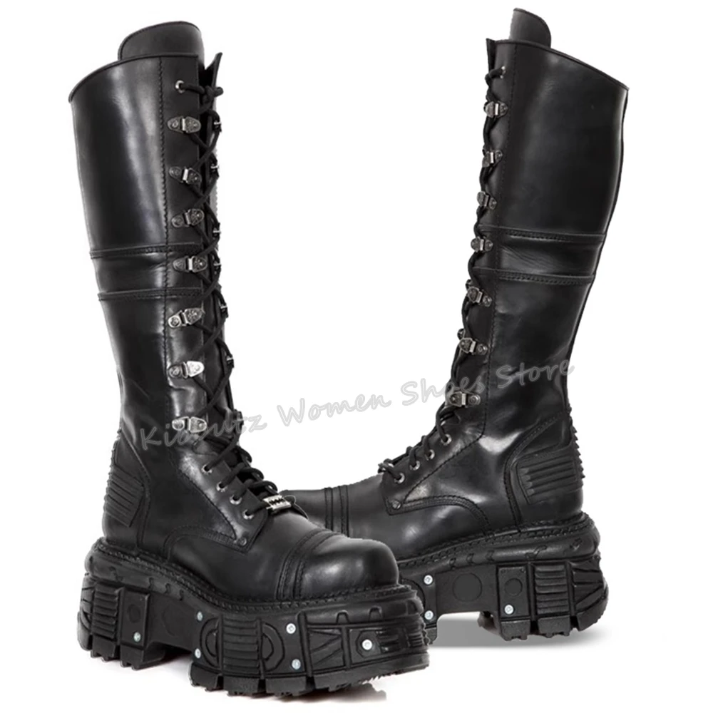 Rock Punk Lace-Up Motorcycle Boots Knee High Dark Style Thick Bottom Genuine Leather Solid Color Fashion Concise Women Shoes New