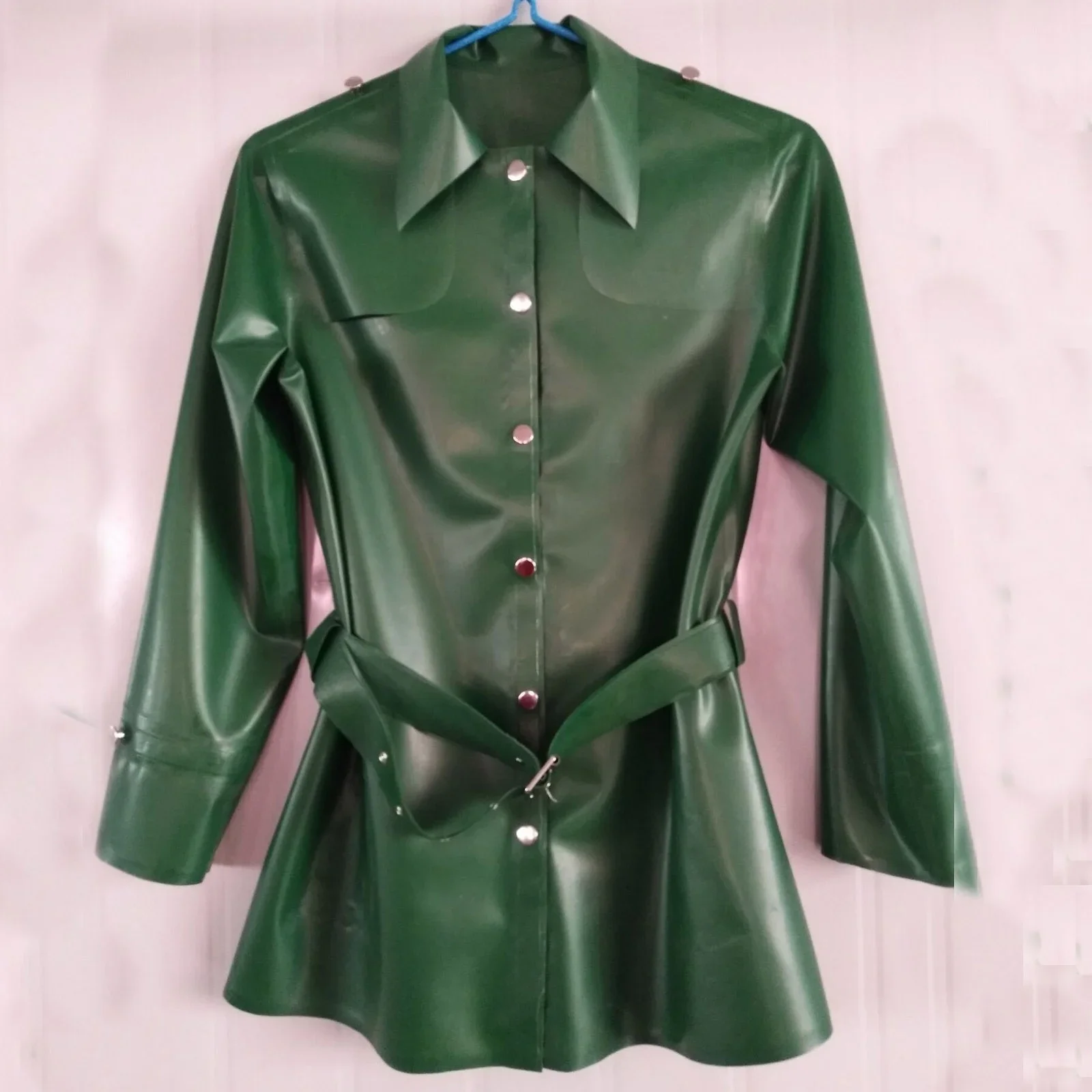 

Latex Coat Rubber Cool Handsome Unisex Metal Green Long Sleeve Jacket With Button Size XS-XXL