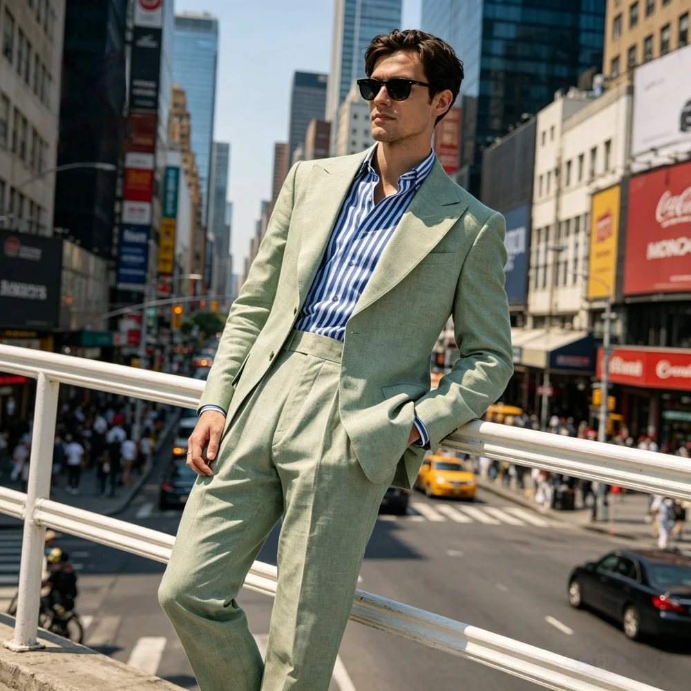 

2 Pieces Summer Sage Green Linen Men Suits Relaxed Fit Peak Lapel Blazer With Pleated High Waist Pants For Casual Events