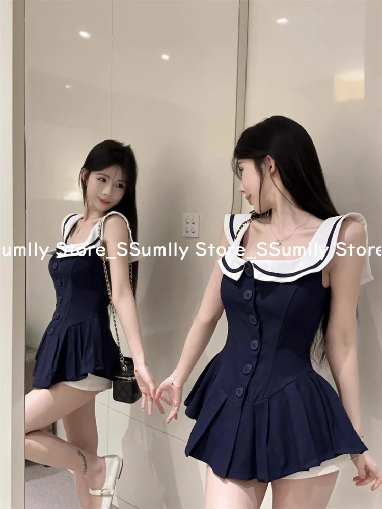 قطع علوية صيفية ضيقة على طراز Preppy لعام 2025 للسيدات بياقة بحار كحلي أنيقة بطيات سترة علوية بتصميم أنيق ملابس جديدة مرقعة #5