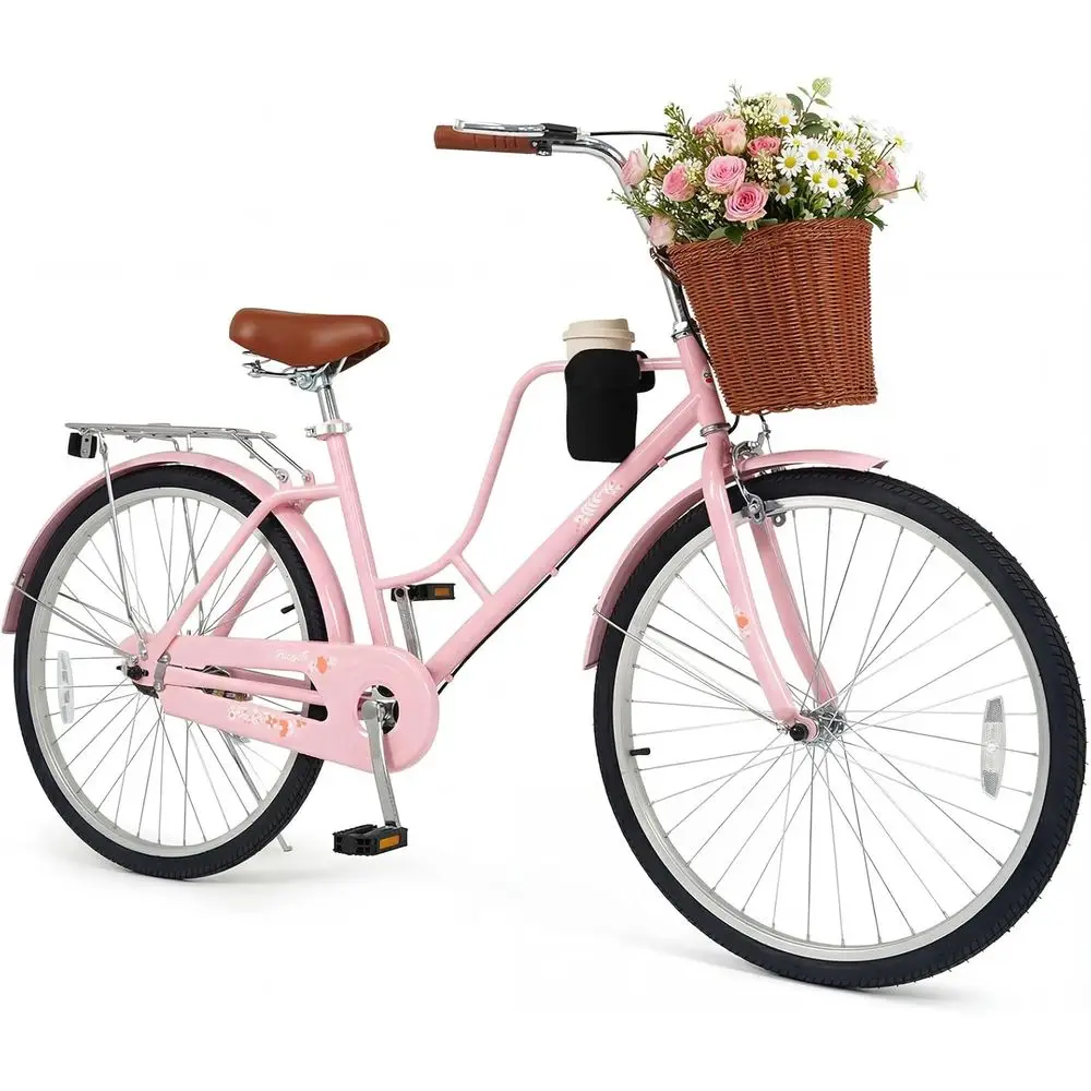 

24/26-Inch Women's Commuter Bike with Adjustable Seat, Cup Holder, Basket, Rear Rack, and Reflectors