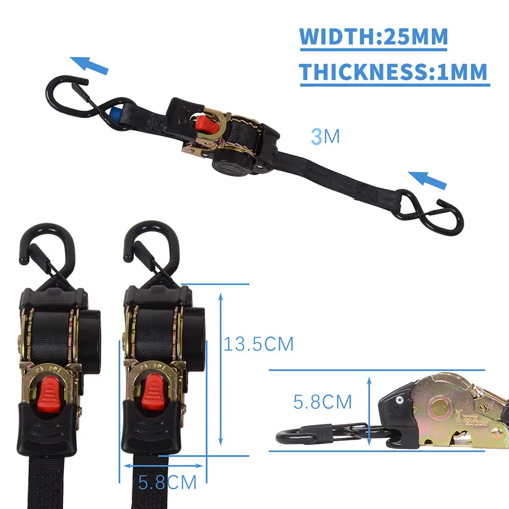 Universal Tie Down Belts With Automatic Rollup Auto Retractable Easy To Carry Fixed Tool 25mmx3 Ratchet Strap S-hooks