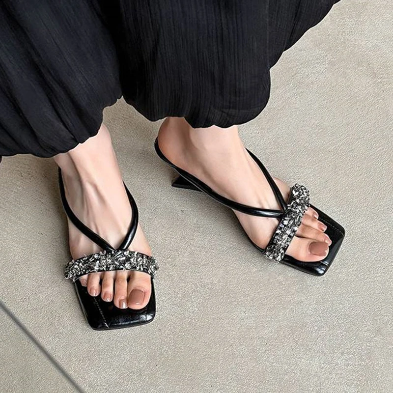 الفضة النساء الكعب البغال الصنادل الجلود الناعمة عالية الكعب أحذية الصيف النساء النعال خمر المفتوحة تو الشرائح حجر الراين FE21 #3