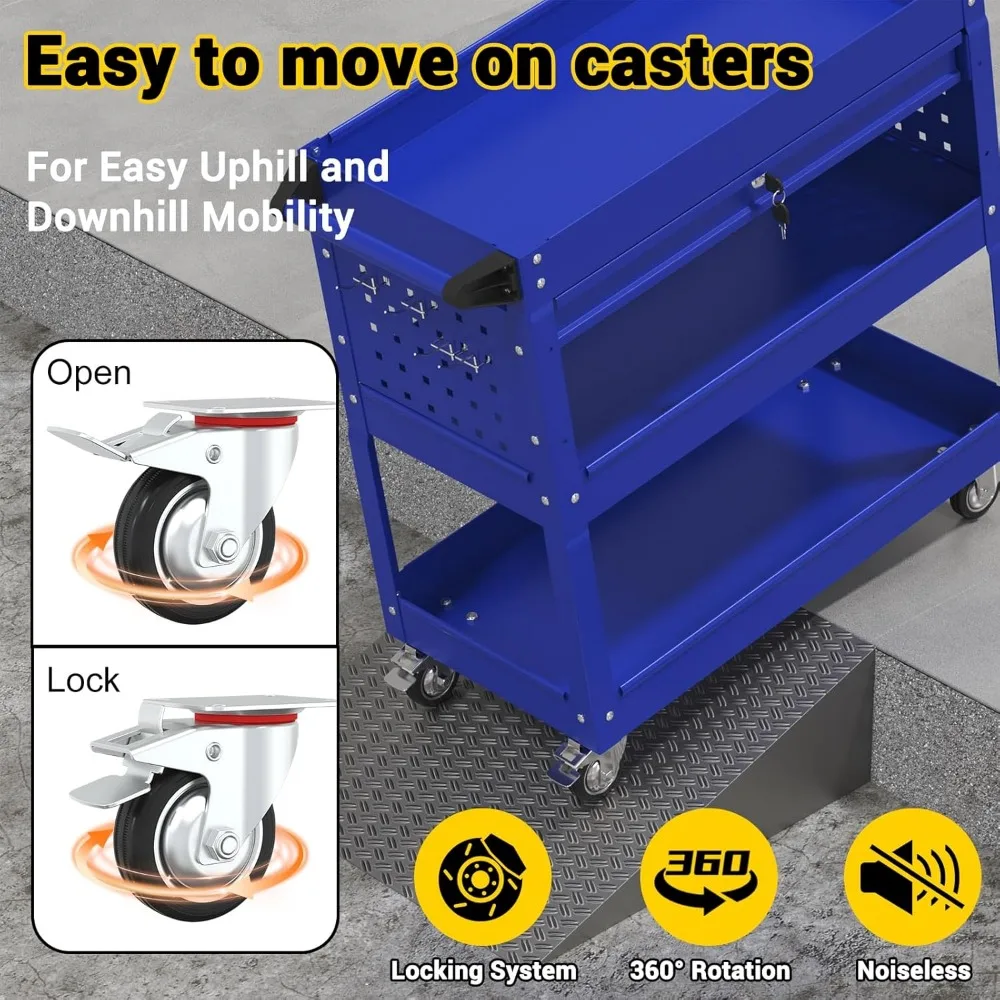 Carro de herramientas con ruedas de 3 niveles de alta resistencia con capacidad de 550 libras, cajones, tablero perforado y ganchos para uso mecánico y de utilidad