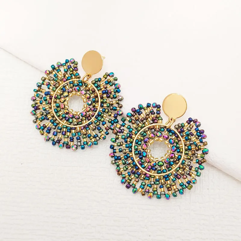 Beaded earrings Crystal Dazzling Roundness Hollow out Originality Hand knitting Bohemia Alloy Tide Simple Rice bead earrings