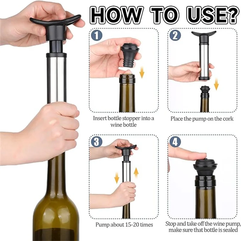 Wine Preserver Vacuum Air Pump Wine Bottle Stoppers Durable Stainless Steel Construction Airtight, Leak-Proof Seal Easy