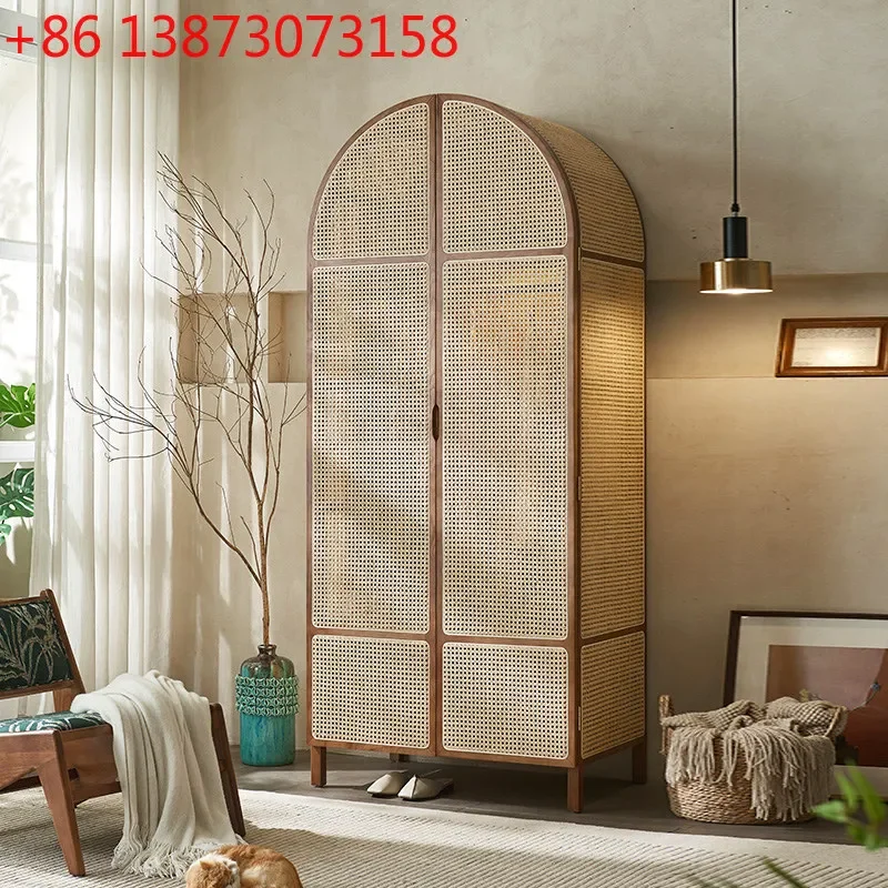 

Nordic solid wood rattan small apartment retro homestay arched dome casement door storage clothes cabinet