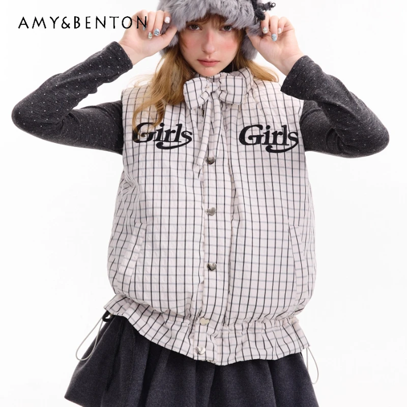 

Autumn Winter Letter Embroidery Slim Thickened Sleeveless Women's Vests Retro Design Versatile Plaid Cotton Vest Jacket Ladies