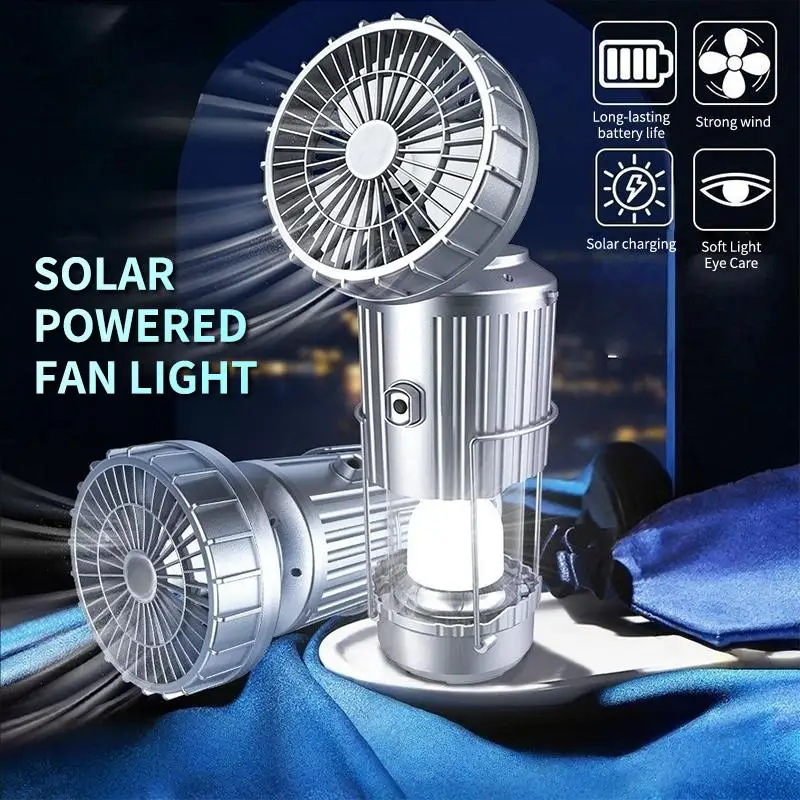 3-in-1 Solar Powered Rechargeable Lamp, Camping Lamp With Integrated Fan, Outdoor Light - Flashlight With Built-in Fan