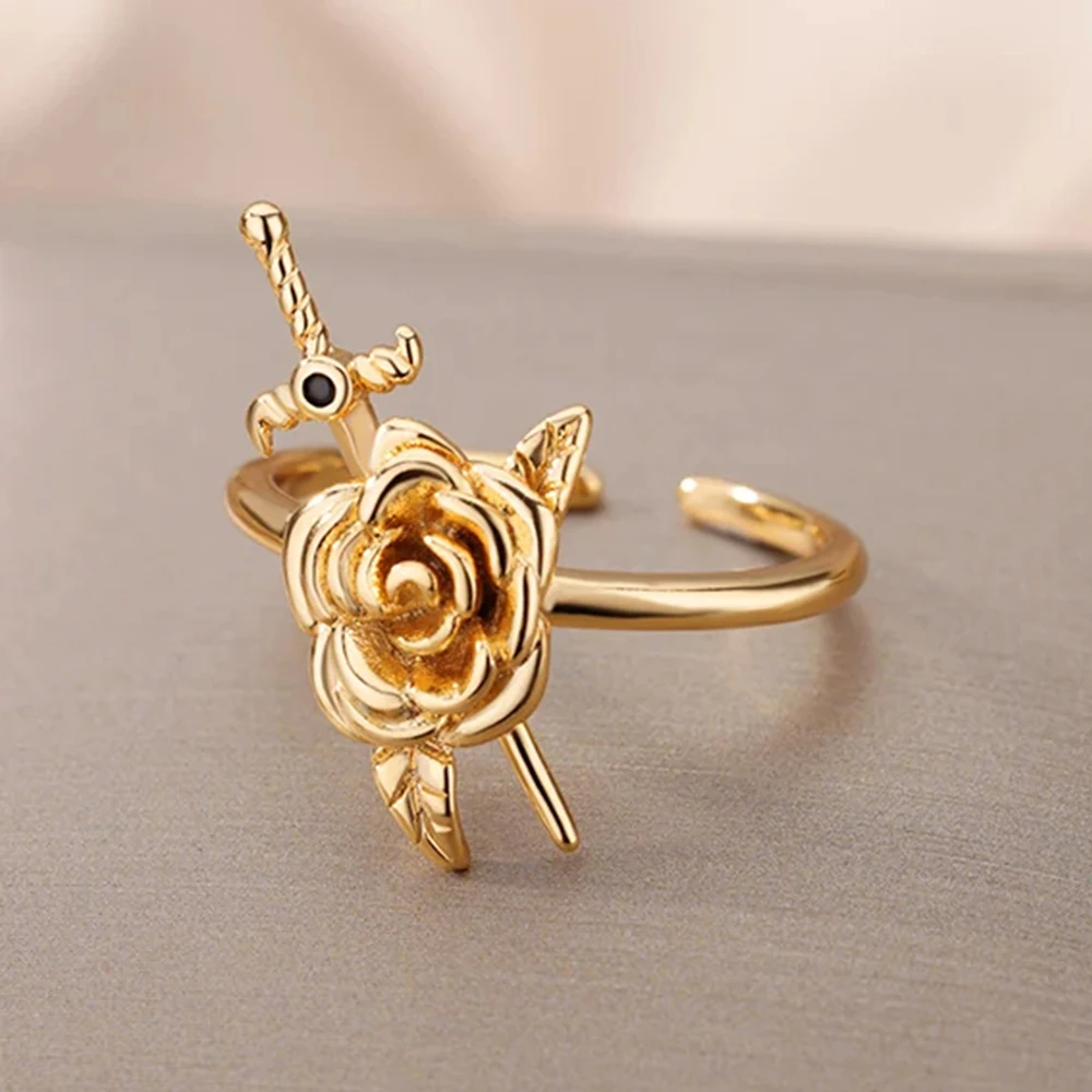 Zircon Sword Rose Flower Rings For Women Gold Color Open Ring Female Fashion Party Finger Jewelry 2026 New Trend