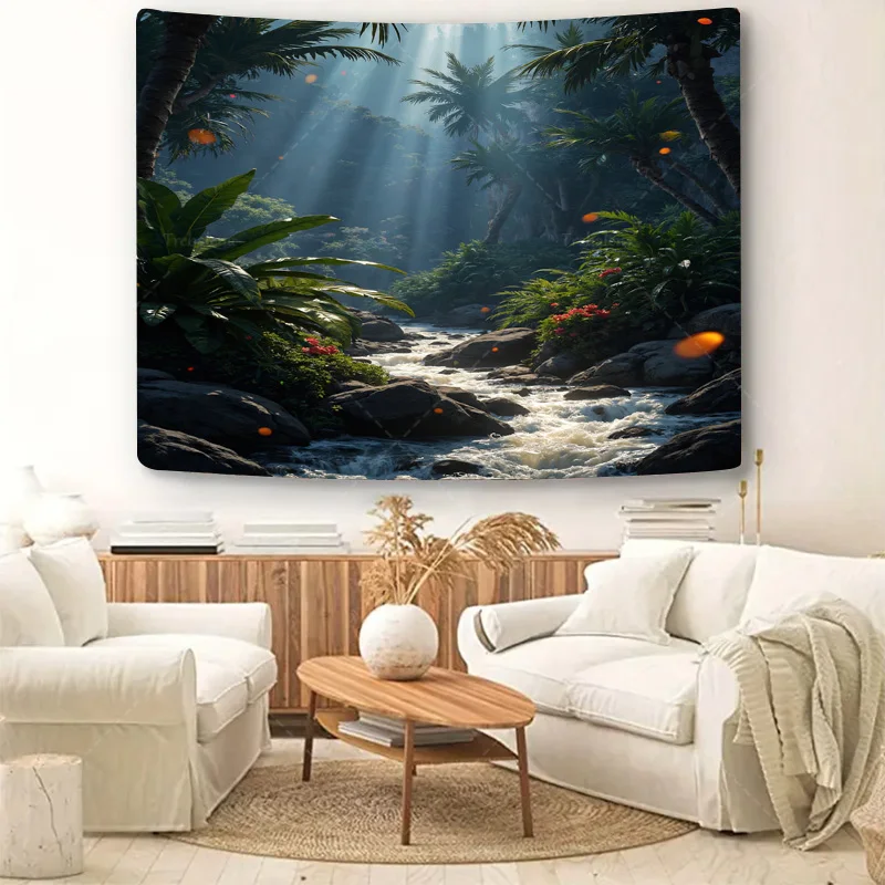 قطعة واحدة من نسيج الجدار نسيج تيار الغابة الاستوائية - أشجار النخيل المضاءة بالشمس ومشهد النهر