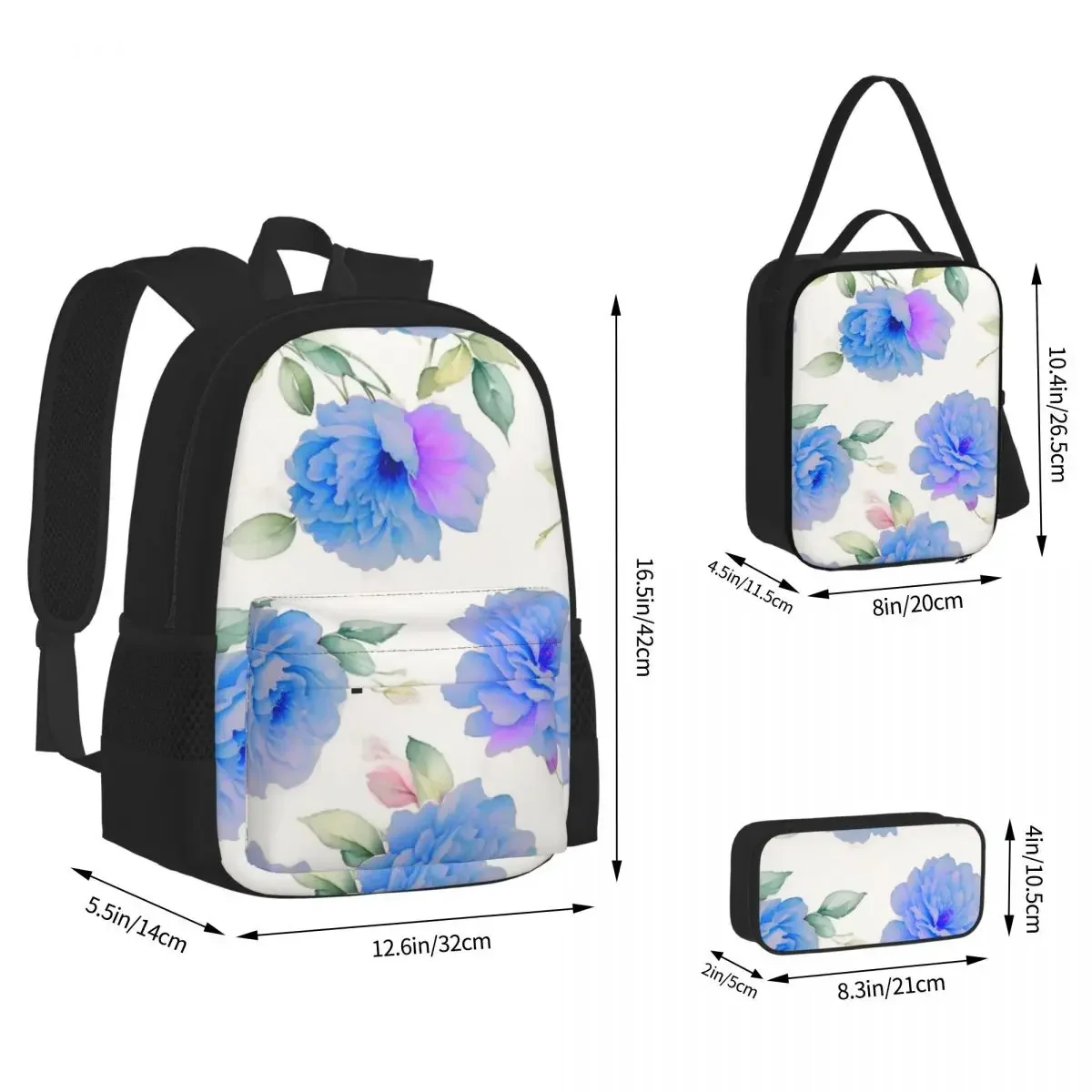 Romantic Vintage Blue Lavender Lilac Pink Flowers Floral Backpacks Bookbag School Bag Rucksack Lunch Bag Pen Bag Three-Piece Set