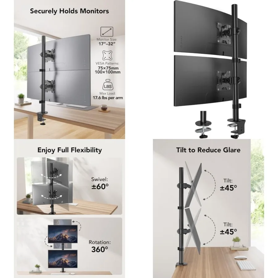 Vertical Dual Monitor Mount, Stacked Monitor Stand for 2 Monitors with Height Adjustment Computer Monitor Arm Supports Two 17 t