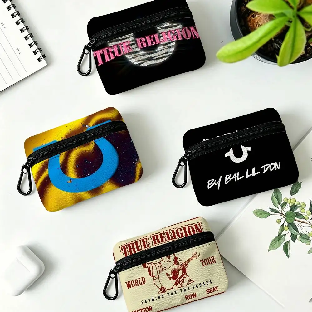 Denim T-True R-Religion White Oxford Cloth Zipper Coin Purse Lightweight Hanging Key Pouch Card Holder For Daily Use