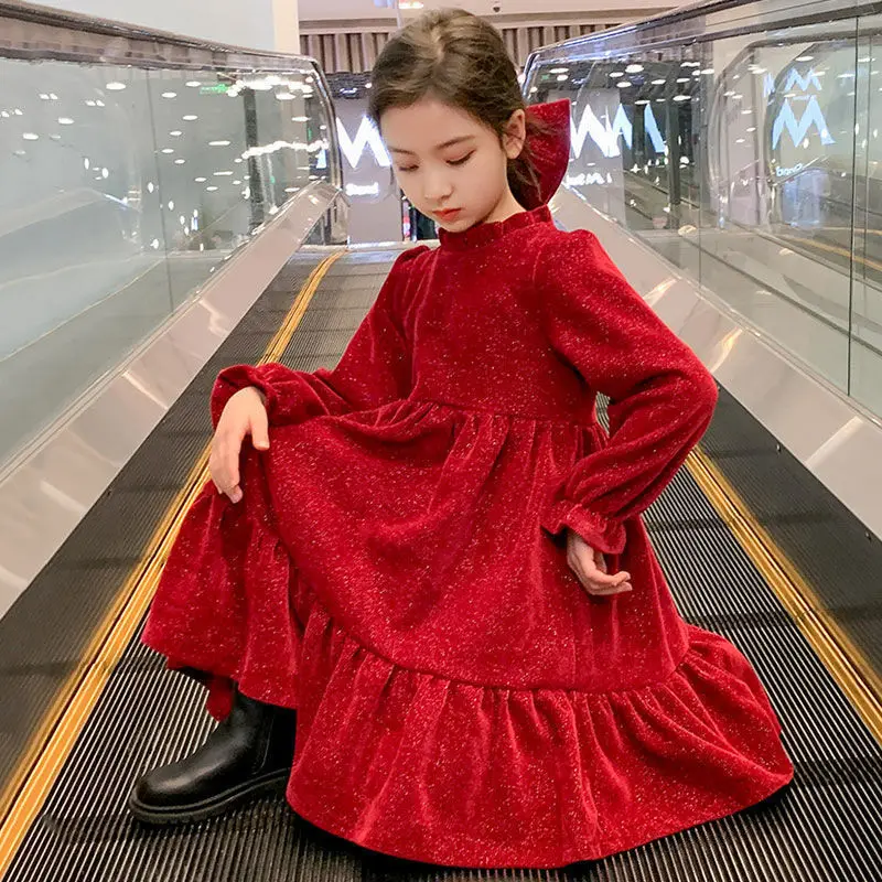 2023 autumn winter Kids Girls solid red glitter lace petal Princess layered Teens Dresses wool velvet Clothes New Year 4 12 year