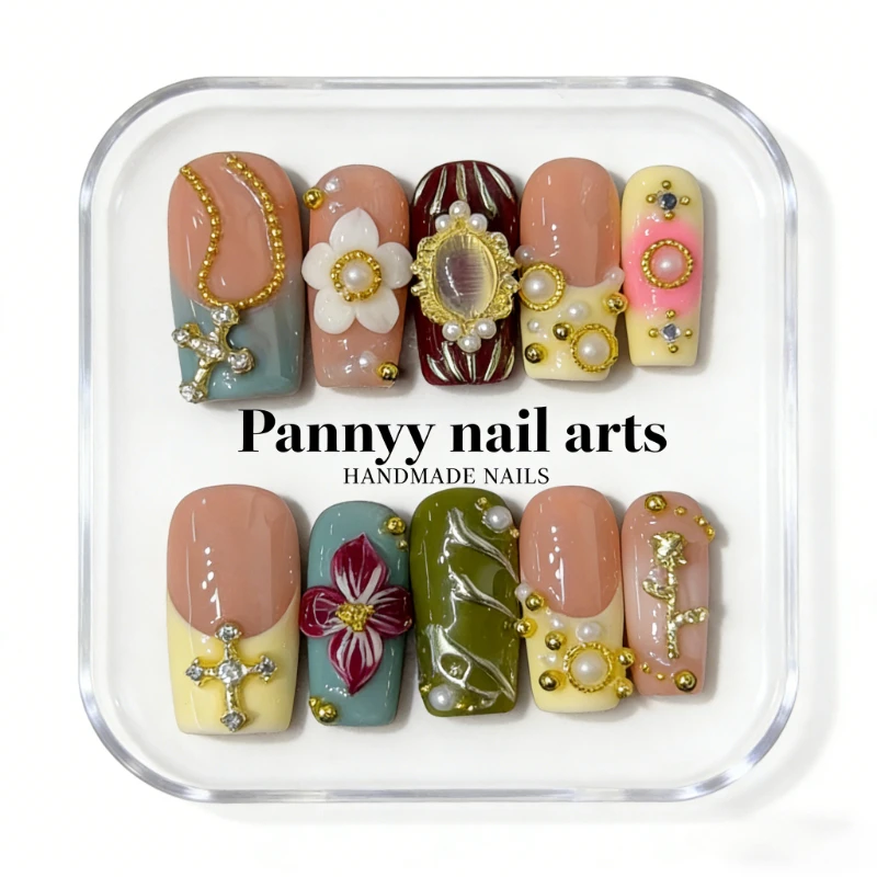 

10pcs Square Handmade Press on Nails Vintage Baroque Design with 3D Flower Pearl Decor Medium Fake Nails for Elegant Daily