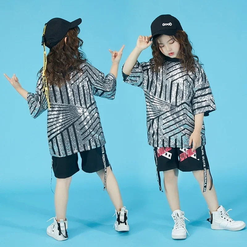 Girls' Street Dance Performance Children's Jazz Dance Hip Hop Sequins Rack Drum Guitar Boys' Short Sleeve holographic