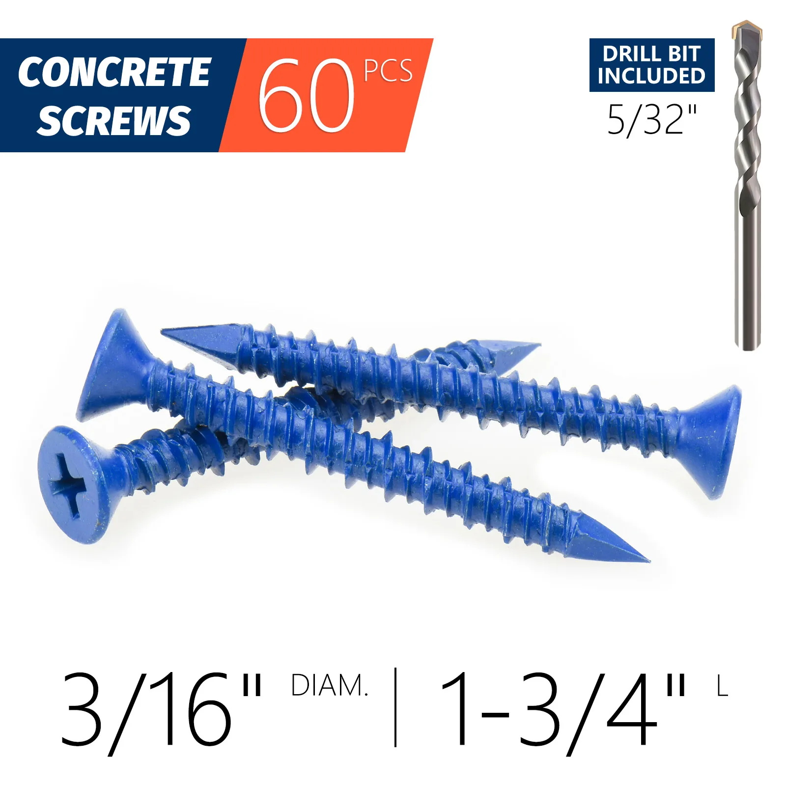 3/16" oder 1/4" Betonschraubanker, blaue Flachkopfschrauben für Mauerwerk, Ziegelblock, Zementstucks (verpackt mit Bohrer) – Detail 6