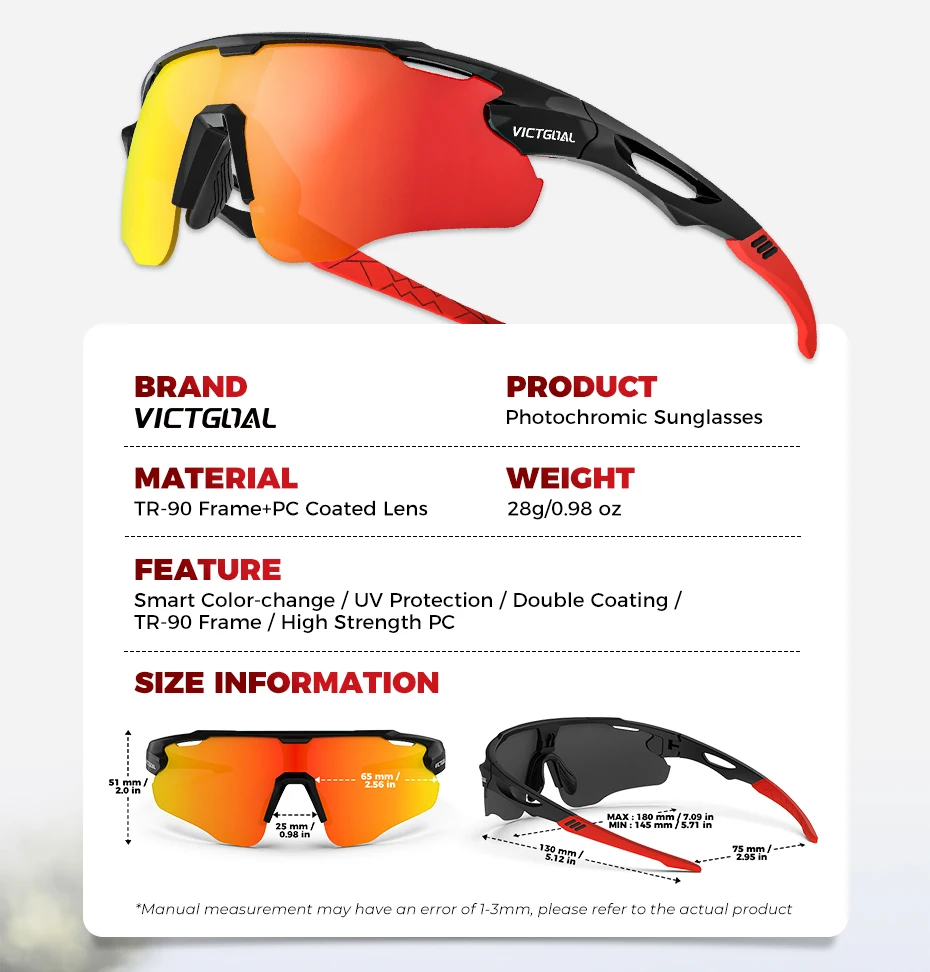 VICTGOAL Photochrome Fahrrad Sonnenbrille für Männer Frauen Sportbrille UV400 Schutz Fahrrad Brille MTB Rennrad Brille – Detail 2