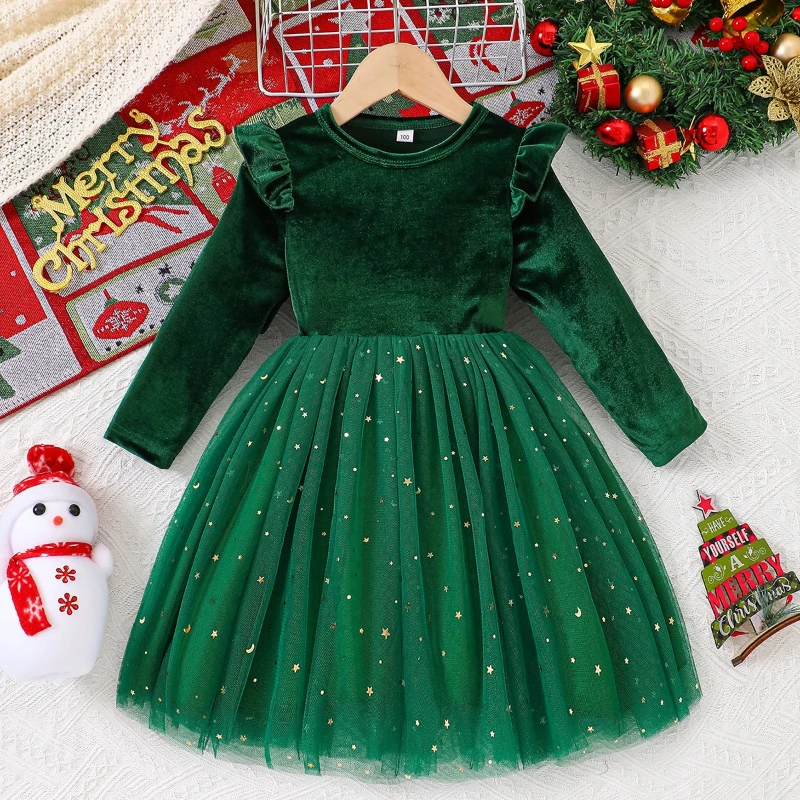 

2025 Winter Girls' New Christmas Design Feel Gold Velvet Long Sleeve Star Mesh Dress