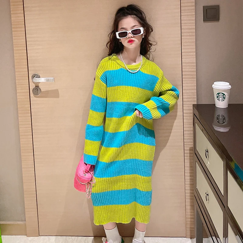 

Teenager Girls Sweater Dress Autumn Winter Loose Striped Long Knitted Dress Kids Long Sleeve Fashion All-match Children Clothes