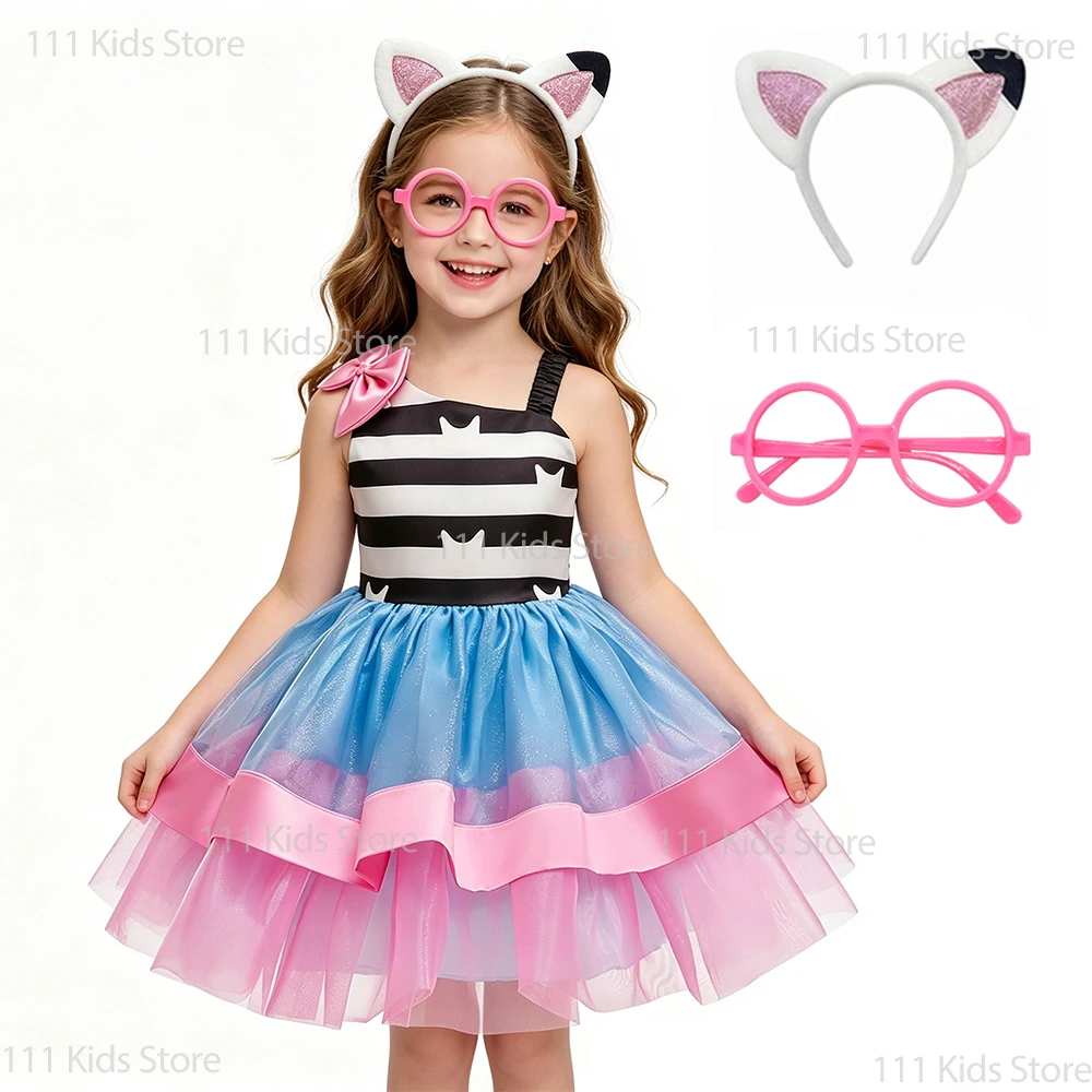 Summer Dress Cat Striped Princess Dress Girls Doll Cosplay Costume with Accessory Perform Outfit Kids Birthday Gift
