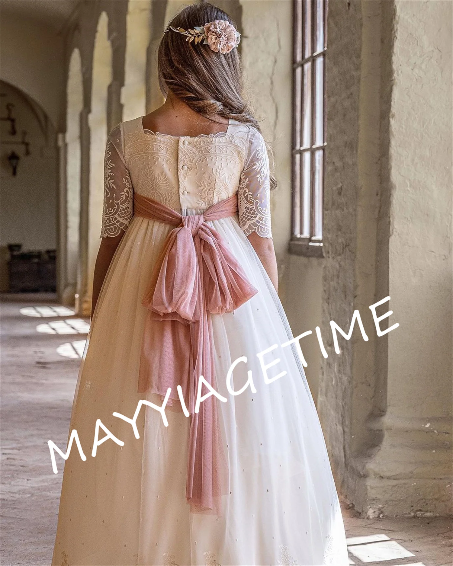 Half Sleeved Communion Dress with a Long Steam Skirt Square Collar Neckline Elegant Embroidery Pink Bow Minibride