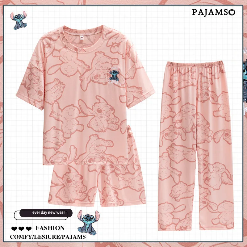 2024 MINISO Crayon Shin-chan Loungewear 3pcs Set Disney Stitch Spring/Summer Short Sleeve Pajamas 3pcs Pooh Bear Loungewear Set