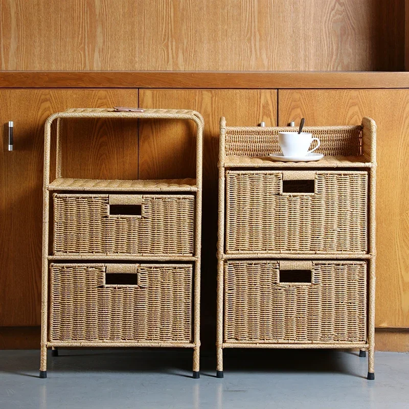 

%a Nordic Bedside Table Imitation Vine Weaving Storage Cabinet Multilayered Drawer