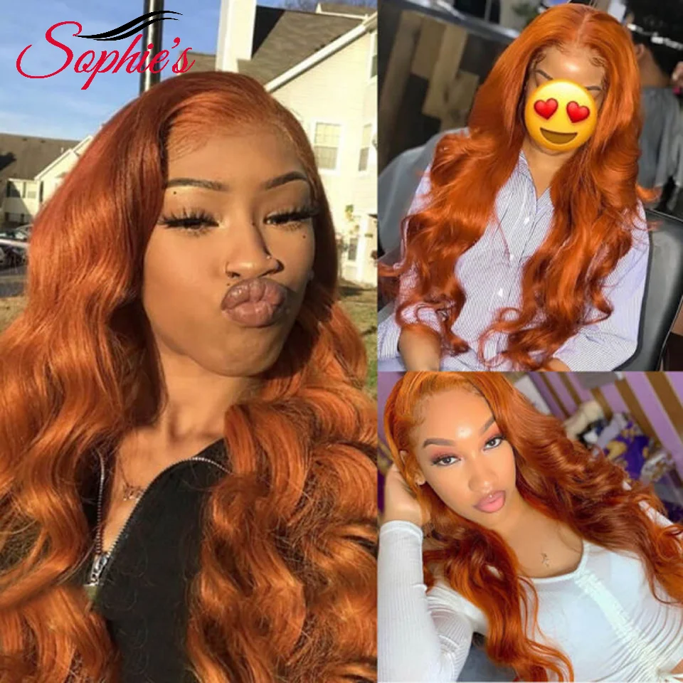 Sophie 'S Gember Oranje Kleur 4*4 Vetersluiting Pruiken Voor Vrouwen Braziliaanse Body Wave Remy Haar Met Baby haar 13*1 Kant Deel Pruiken