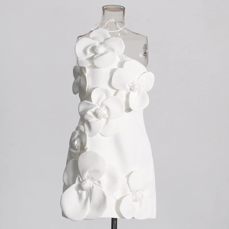 Robe courte sans bretelles, épissure française, fleur 3D, épaules dénudées, tempérament élégant, taille haute, Slim, ligne a, Mini robe de soirée pour femmes