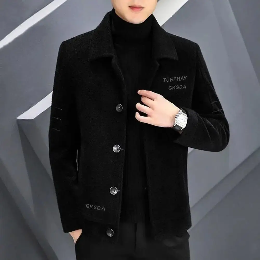 Men Jacket Men's Woolen Lapel Jacket with Plush Lining Pockets Single Breasted Coat Outwear for Winter Warmth Style Men