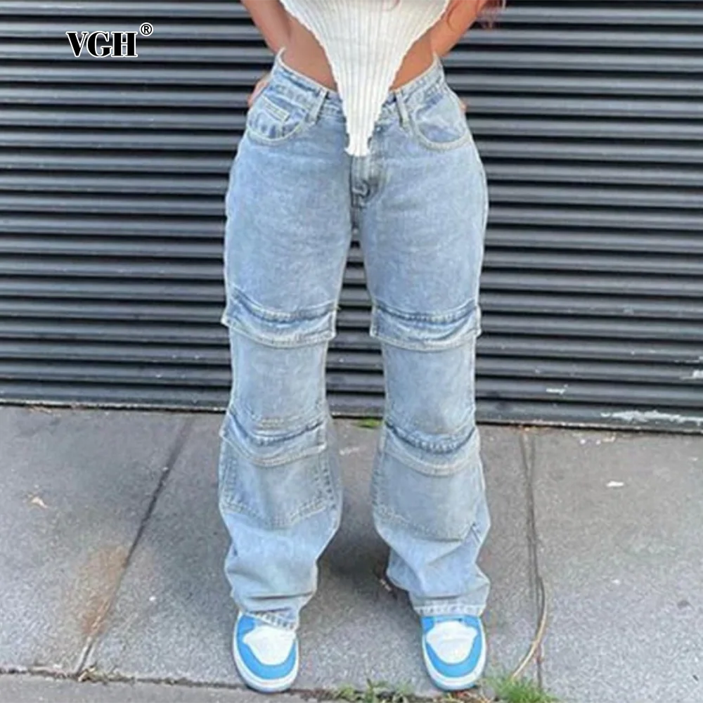

VGH Streetwear Patchwork Zipper Denim Pant For Women High Waist Spliced Pocket Hollow Out Wide Leg Jeans Female Clothes New