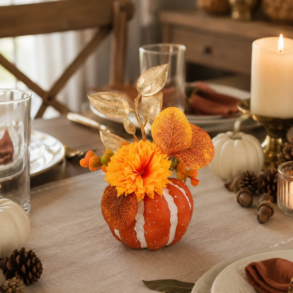 Artificial Pumpkin Fall Floral Arrangement Tabletop Ornament for Halloween Thanksgiving Harvest Festival Home Party Decor