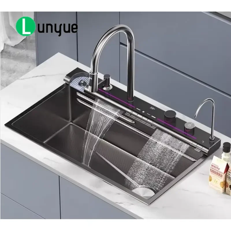 LED Digital Smart Waterfall Faucet 304 Stainless Steel Large Single Hole Biomimetic Washbasin Modern Kitchen Sink