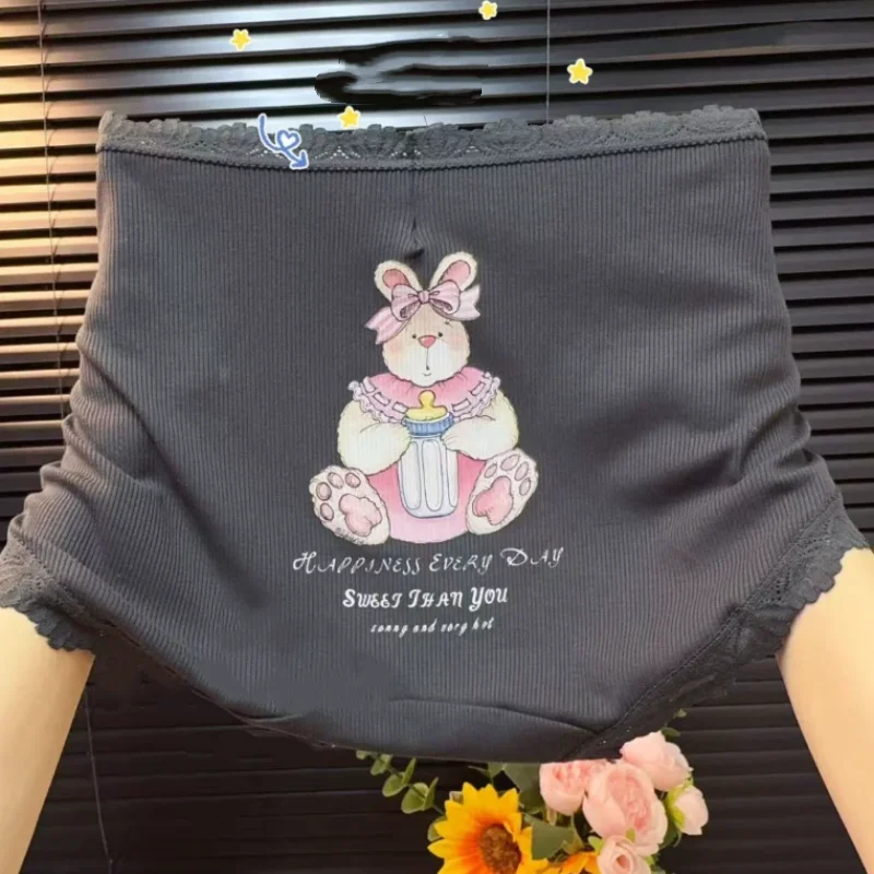 Sweet Cartoon Women's Sexy High Waist Briefs Breathable Thin Comfortable Shorts Large Size Cute Lace Trim Butt Covering Panties