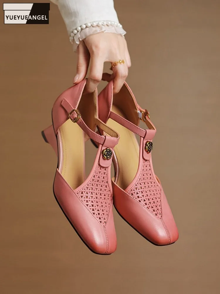 

Elegant Ladies New Fashion Handmade Solid Color Cowhide Genuine Leather Hollow Out Mid Heel Sandals Versatile Close Toe Buckle