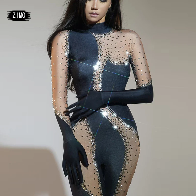 fashion women Rhinestones Jumpsuit with gloves pole dance elastic leotard party club bar Singer Stage drag queen costumes custom