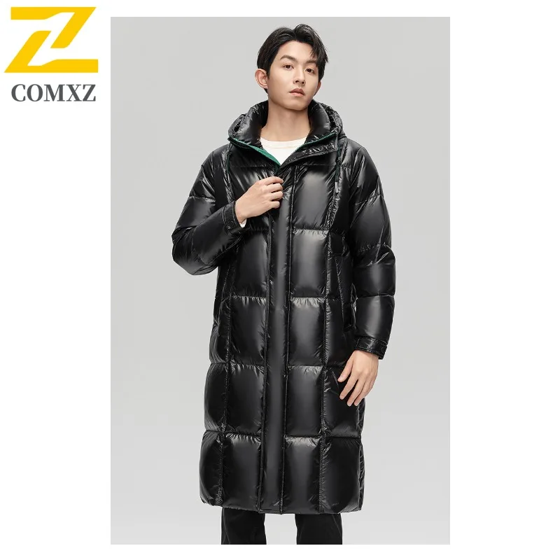 Comxz High-end Mens Down Jacket 2025 New Winter Fashion Bright Long Waterproof 90% White Duck Down Coat Snow Ski Puffer Parkas