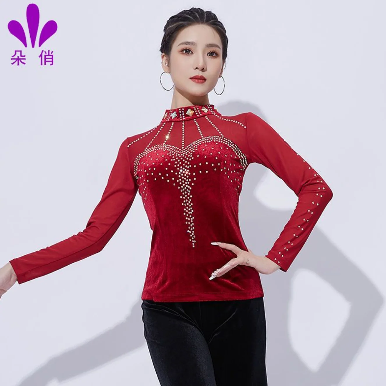 

1 шт./лот, роскошный стиль, женская мода, топ с длинными рукавами и кристаллами и стразами для бальных танцев, женский топ для вальса, танцев, воротник-стойка