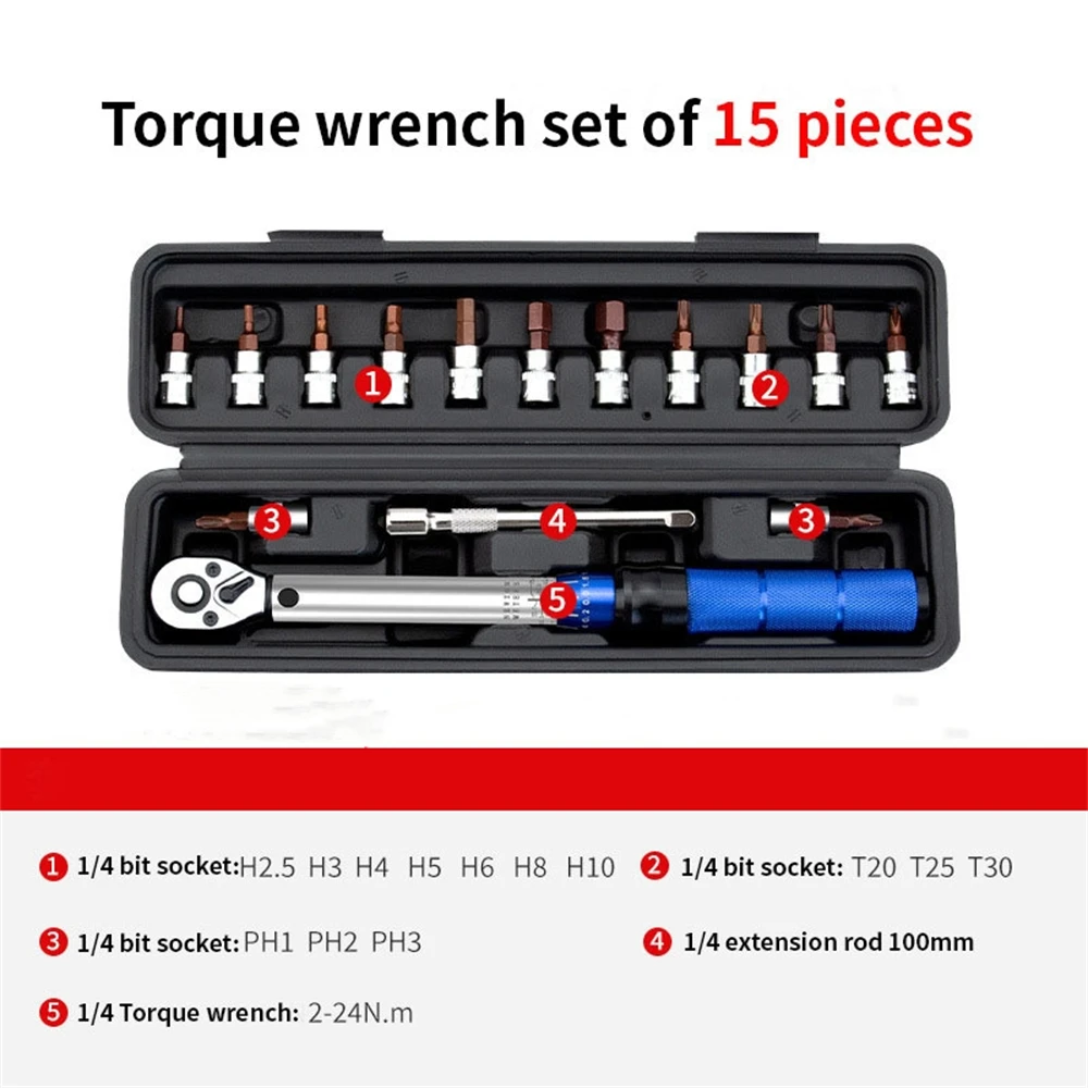 15 pz Set di chiavi dinamometriche Chiavi preimpostate ad alta precisione 2-24N.m Chiave a cricchetto di coppia piccola regolabile 1/4 pollici