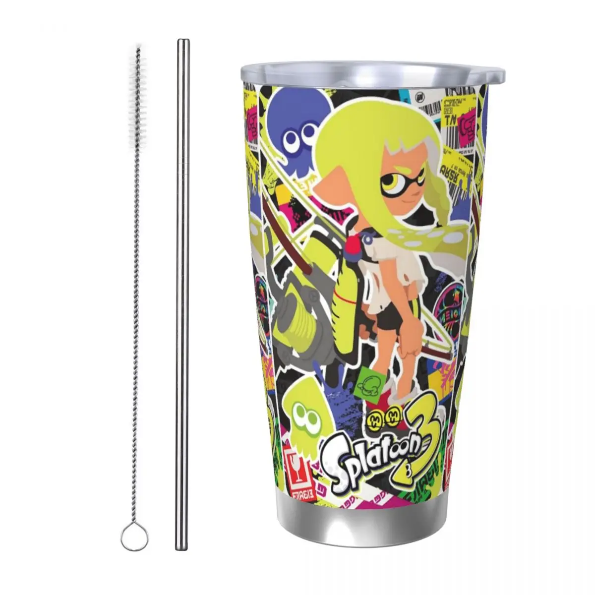 

Популярный мультфильм Splatoon 3, игра, стакан из нержавеющей стали, вакуумная изоляционная кружка, термохолодная чашка, соломинка с крышкой, 20 унций