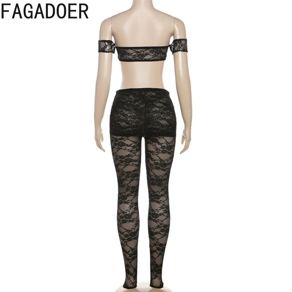 FAGADOER Sexy Lace Perspective Hollow Out Two Piece Sets Women Off Shoulder Short Sleeve Crop Top And Skinny Pants Outfits 2024