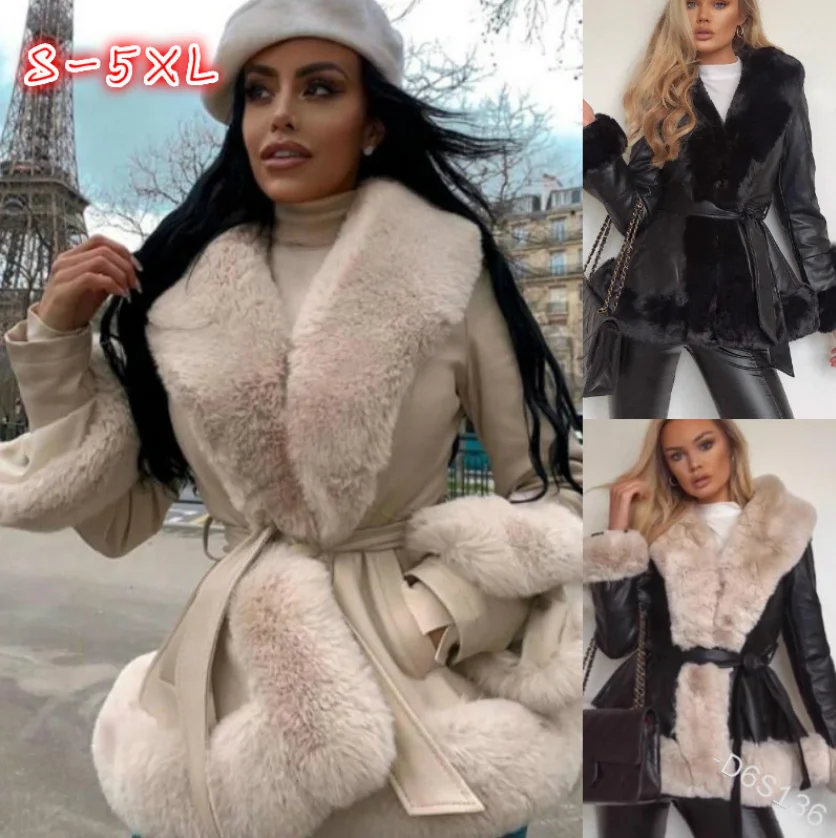 Veste en cuir patchwork pour femme, manteau court, manches longues, ceinture, revers, imitation de poils de lapin, décontracté, chaud, mode, hiver, nouveau, 2025