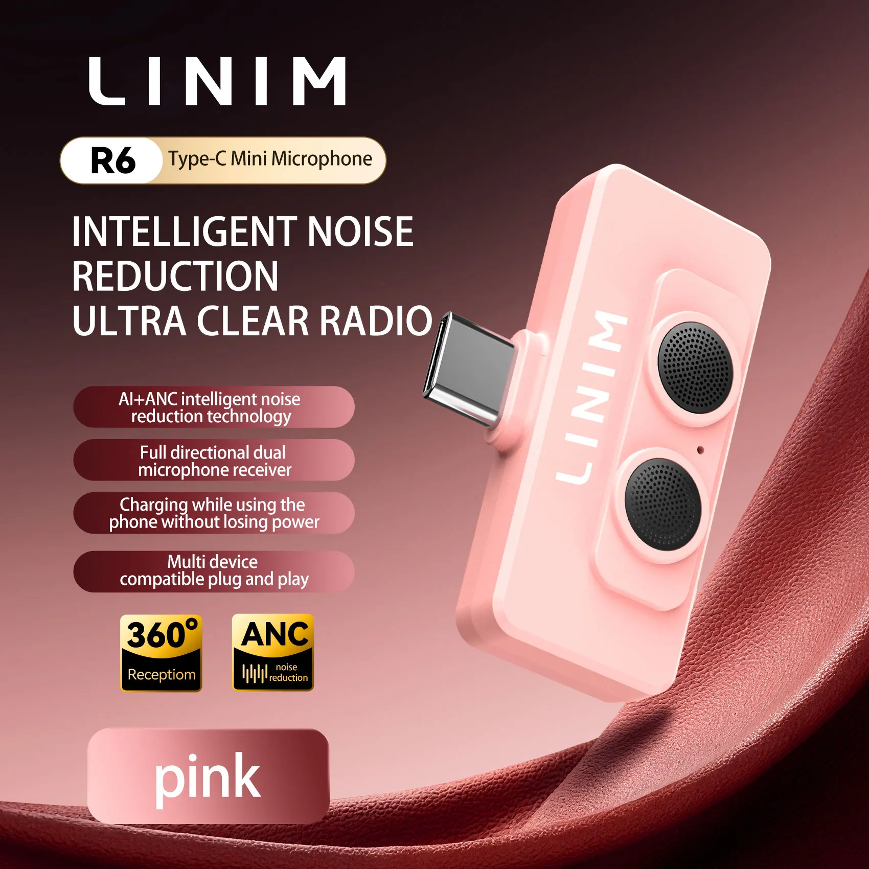 LINIM R6 Noise-Canceling Microphone Dedicated for Podcast/Vlog  AI Noise Reduction Plug-and-Play Monitor Mobile Microphone