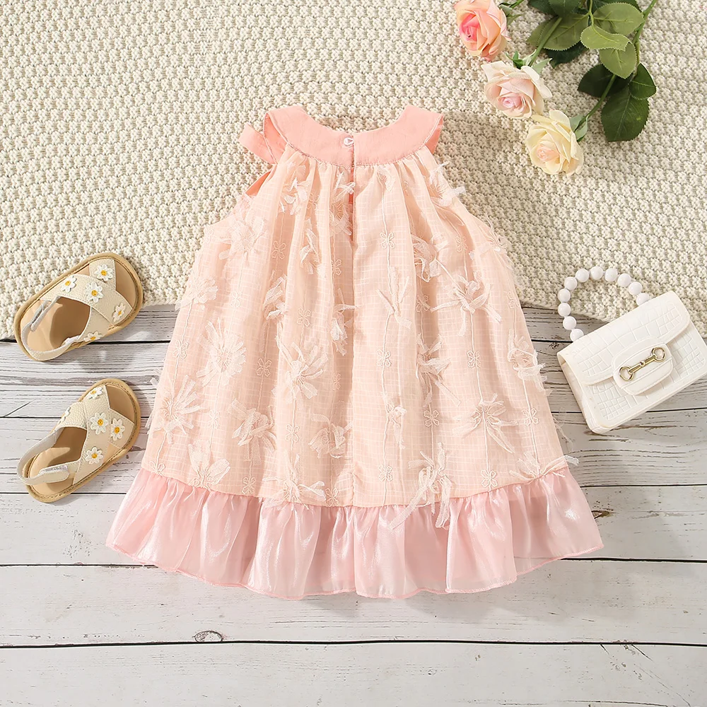 Summer New Baby Girls Dress Halter Floral Ribbon Embellishment Embroidery Ruffled Bow Sleeveless Sweet Princess Dress